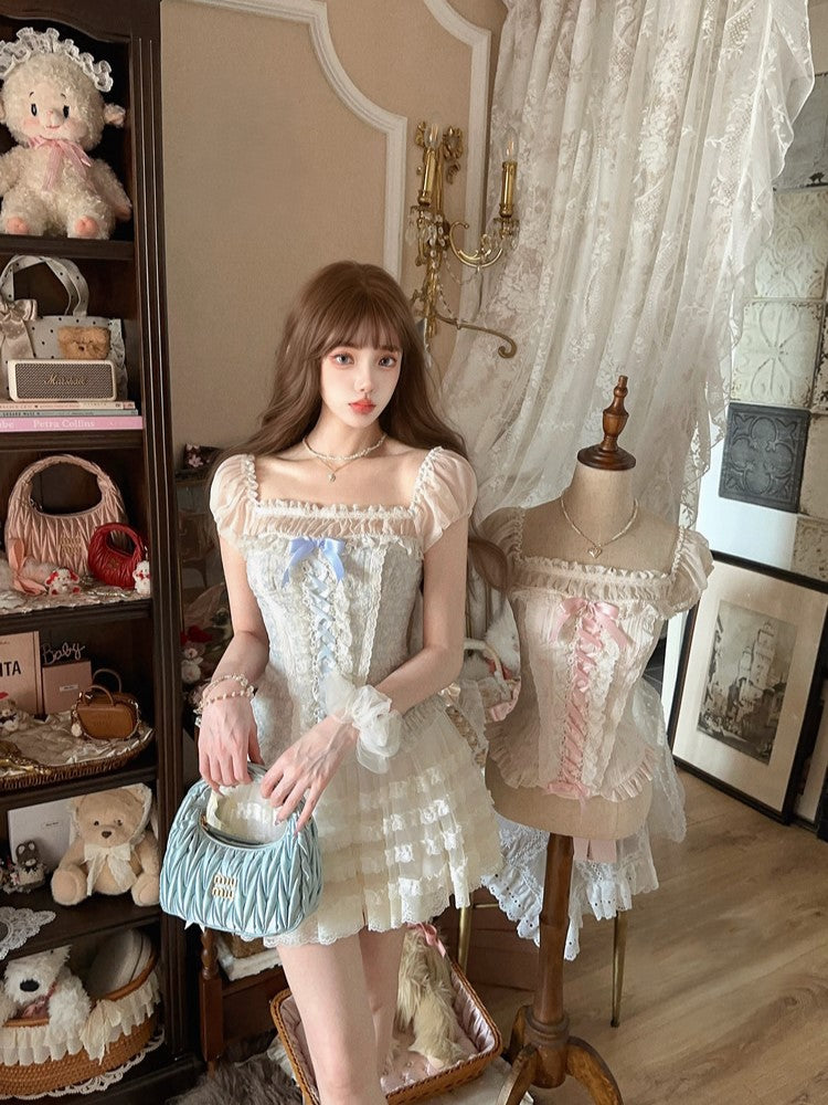 Ruffled Sleeves Blue Corset Hem Peplum Puff Top Faux Two-Piece With