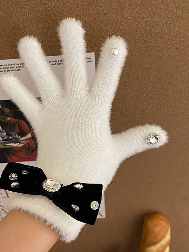 and Warm Fuzzy Decorations Gloves White/Black Rhinestone with Bow