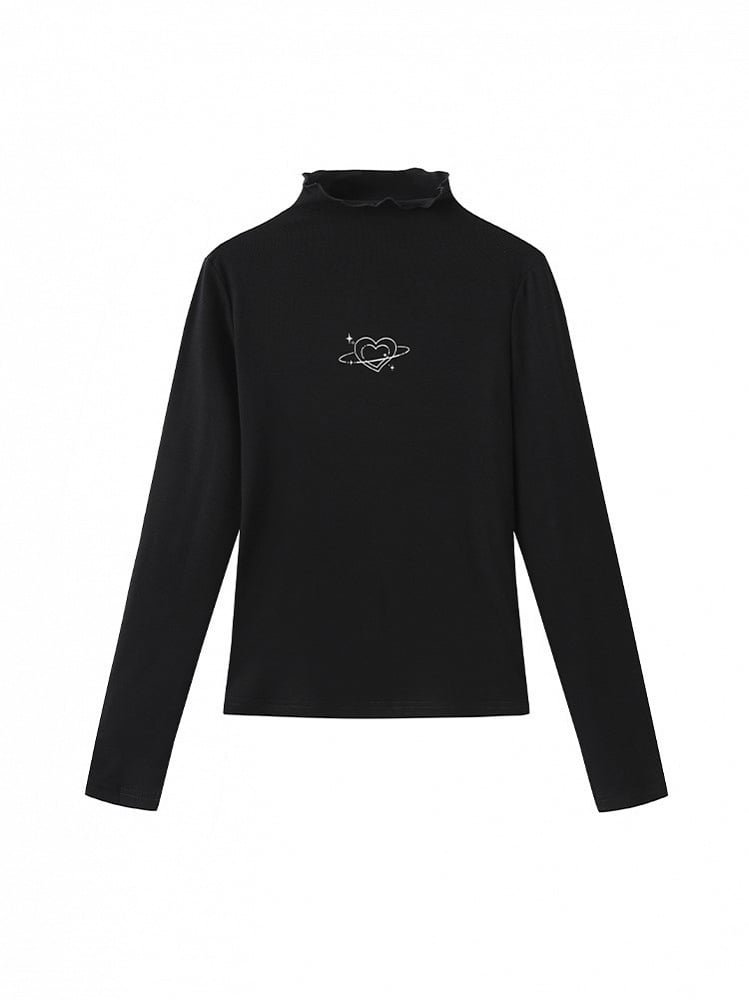 Knitted with Print Heart Minimalist Black Slim-fitting Top