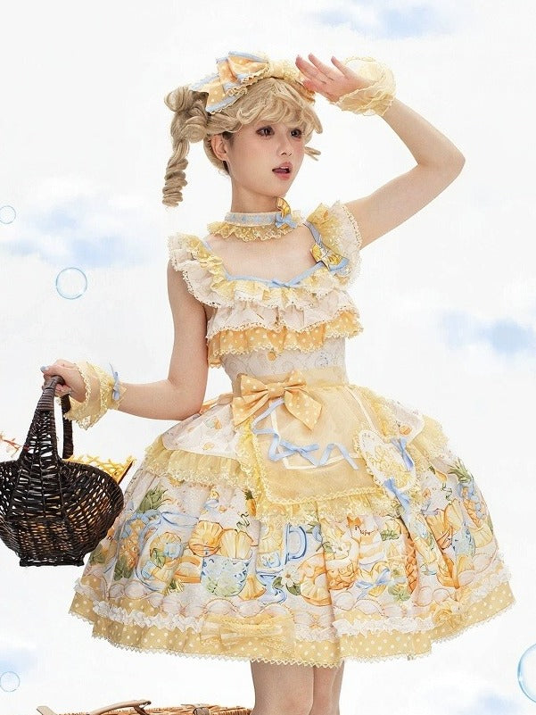 Yellow & Blue Polka Dot Bow KC with Lace Trim - Badoni B DOLLY Original Design