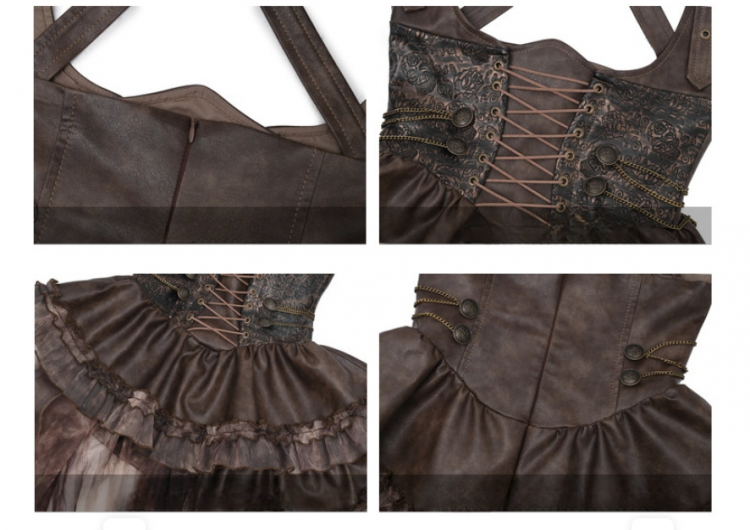 Braunes Steampunk-Overallkleid im Westernstil mit abnehmbarer Schleppe
