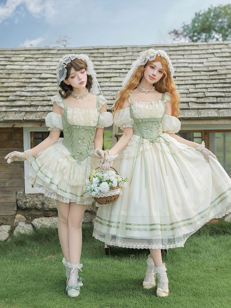 Bow Jacquard Boned Corset Waist Lolita JSK Dress with Tiered Short Skirt - With PUJI