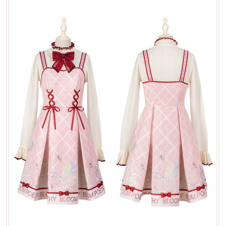 Pink and Red Trim Lace-up Front Jumper Skirt + Apricot Long Sleeves Top