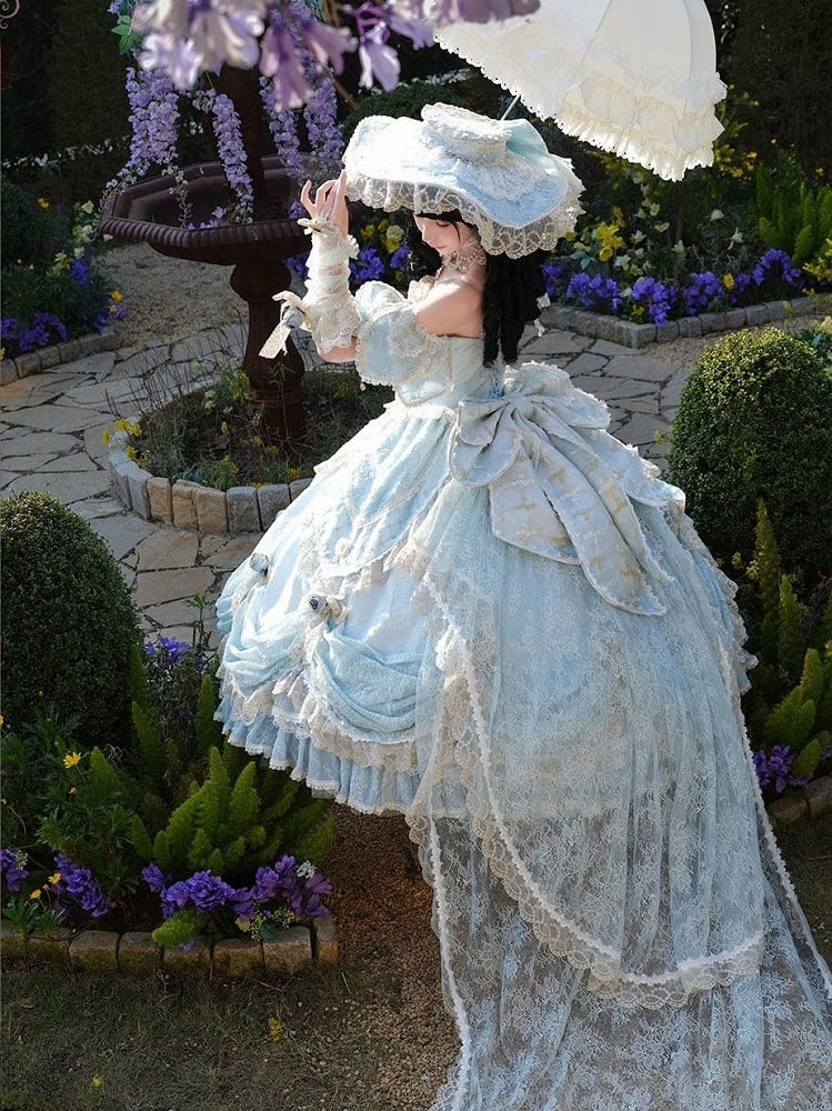 Version Light Hime Off-Shoulder Lace and with Details Gown Layered Blue Lolita Hanayome Bow Short Ruffles