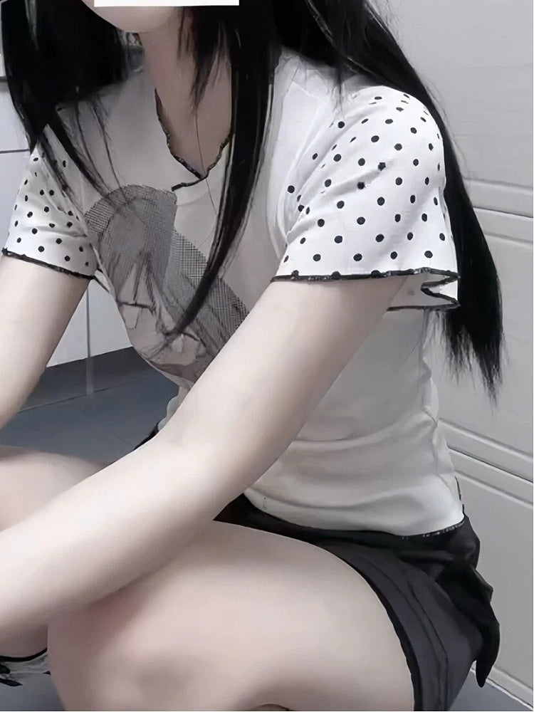 Polka White Dots Print Black and Graphic T-Shirt with Cartoon
