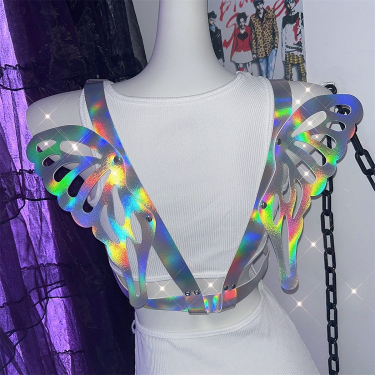 Holografischer Gürtel in Farbe/Schwarz mit Schmetterlingsflügeln