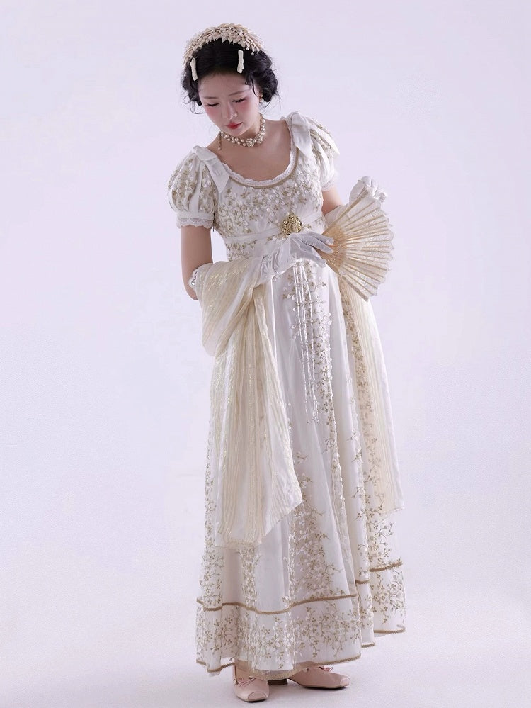 Weißes Empire-Taille Regency Elegantes Lolita Maxikleid Knöchellange Version