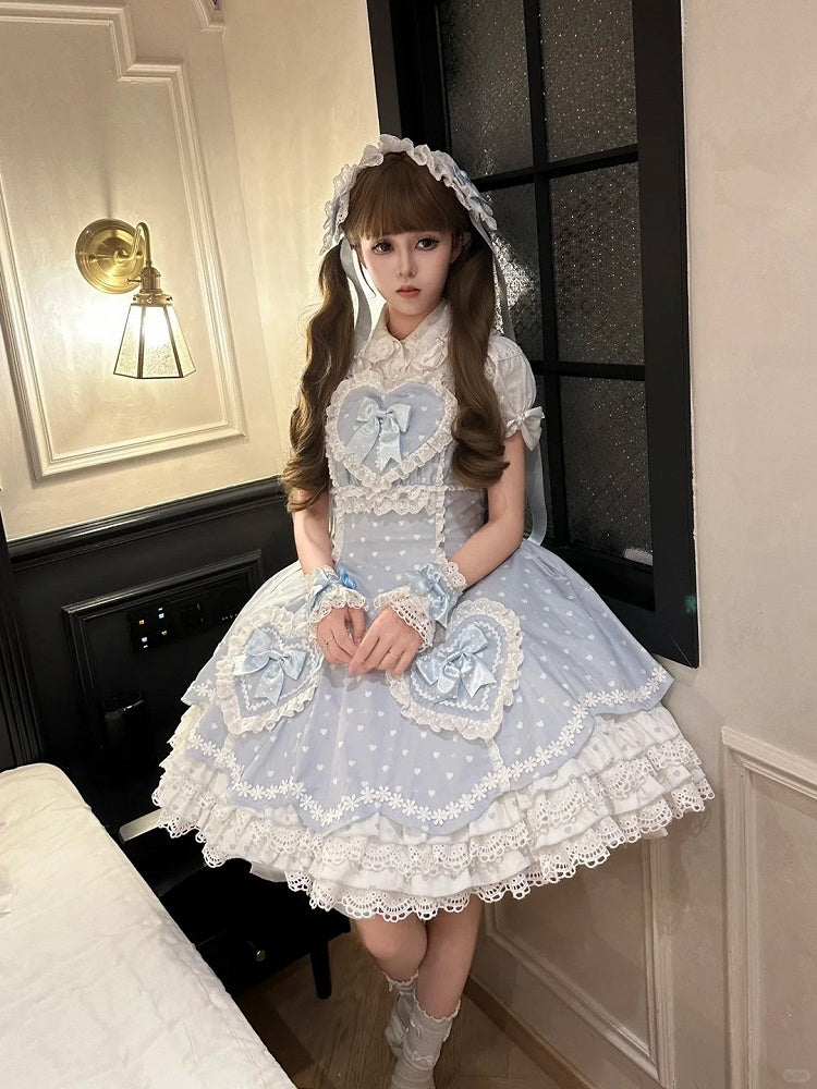 Motifs Blue and White Sweet Heart Dress Bows Lace-Trimmed Lolita with
