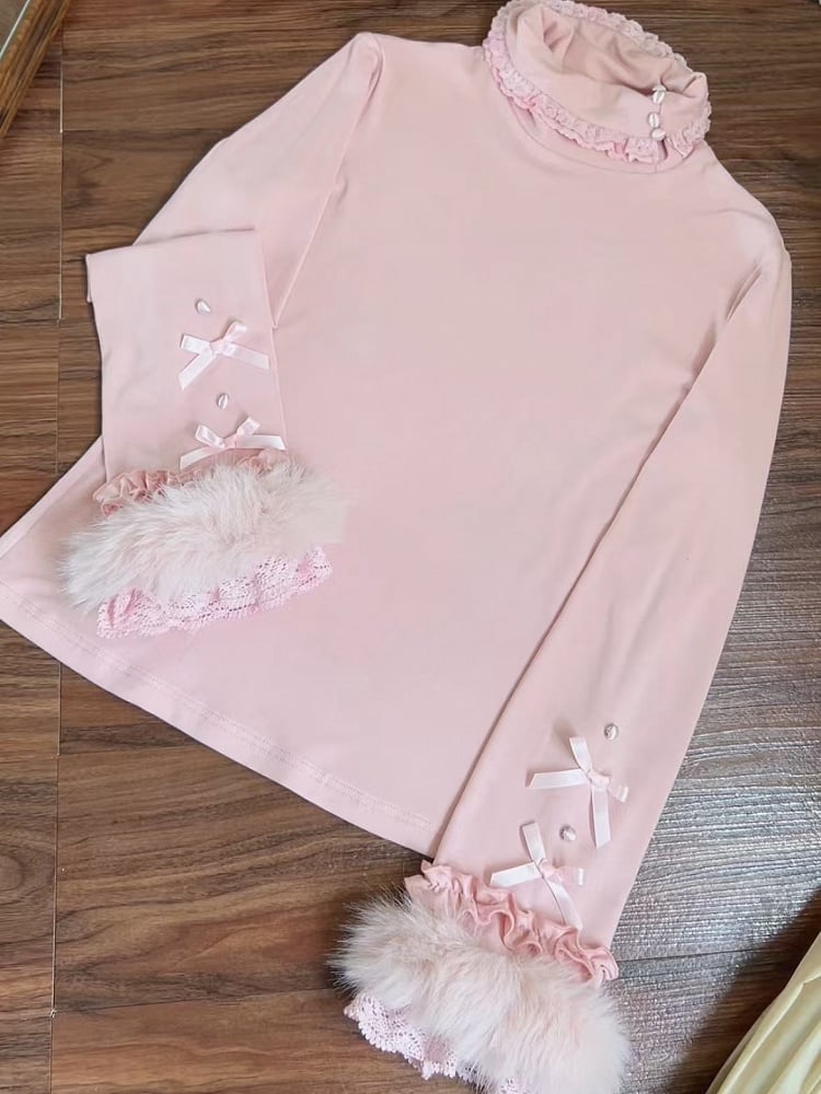 Pink Winter Lace and with Fur-Trimmed Top Autumn Turtleneck Cuffs