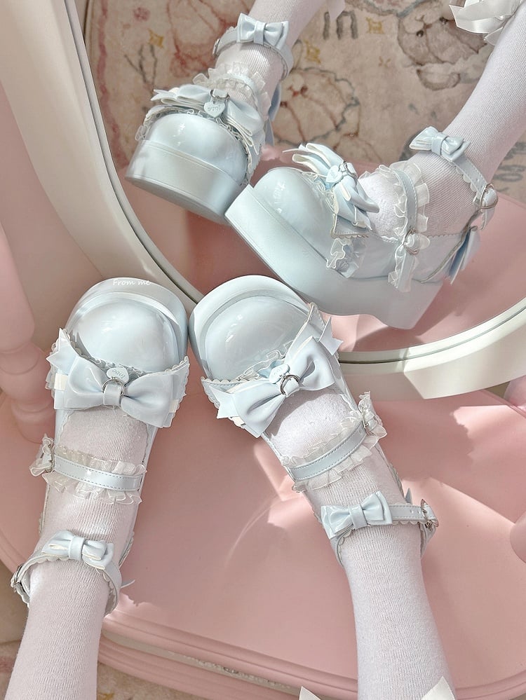 Toe with Sweet Delicate Lolita Round Bow Platforms Blue