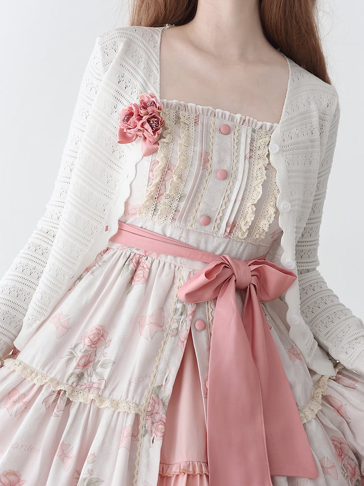 Pink Rosette Print Natural Kei Summer Floral Dress Front Button Placket Hem Lolita Jumper Skirt