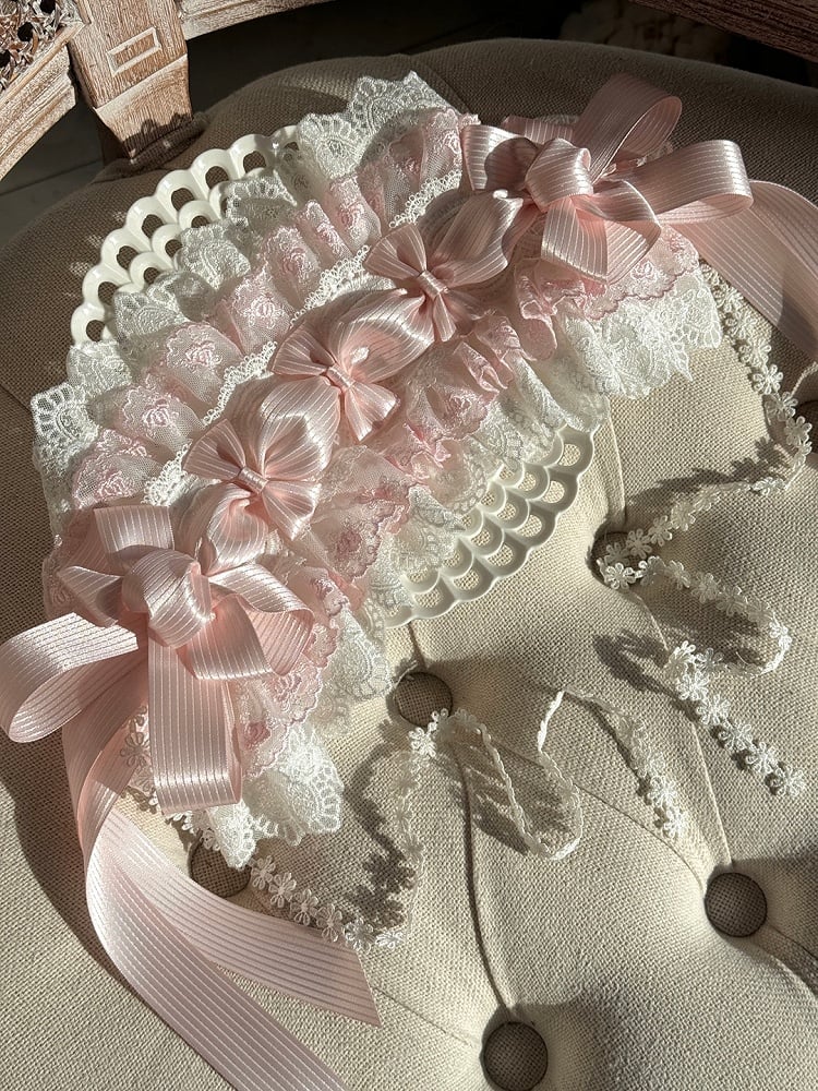 Hairband Lolita White Lace with Floral Bows Pink Ruffled and Drops
