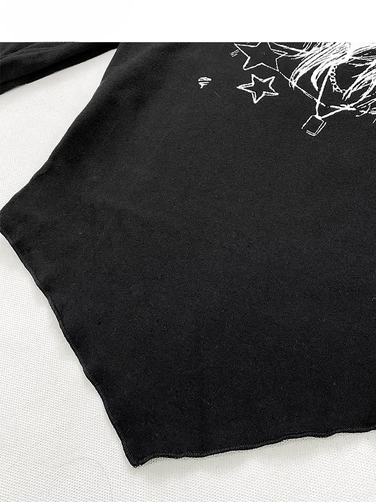 Schwarzes Top mit Stehkragen und Cartoon-Print