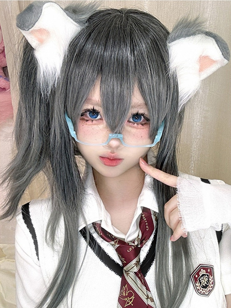 クリップウィッグ グレー ダブルポニーテール + 30CM クローバングス 38CM ストレート長さ オンブルヘアカラー