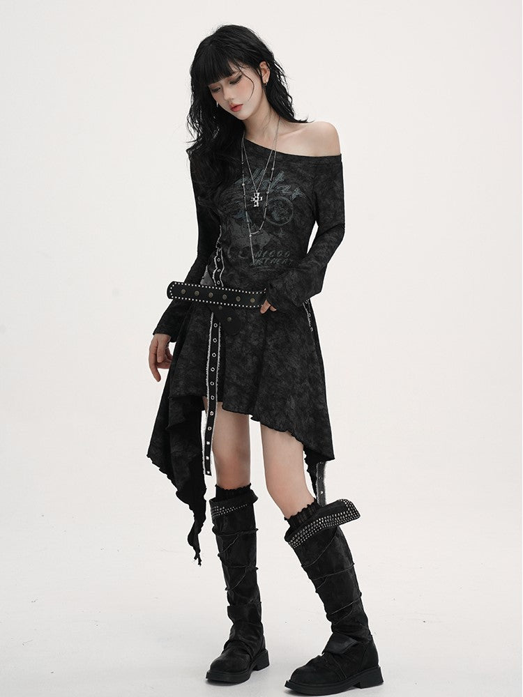 Equestrian with Handkerchief Neckline Asymmetrical Belt Black Gothic Studded Dress Hem