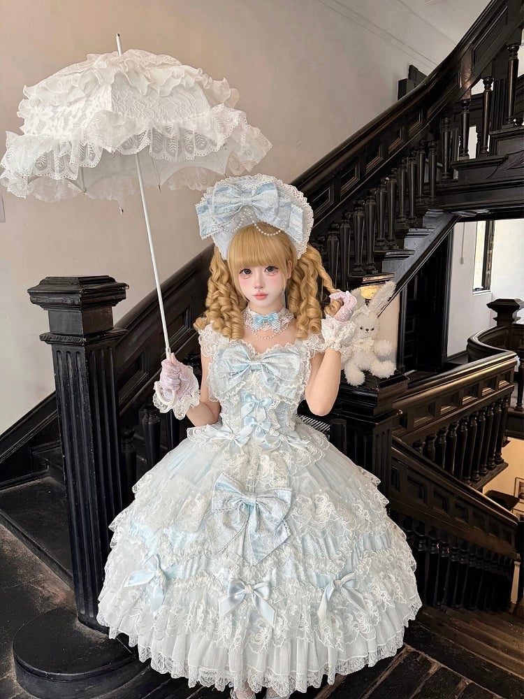 Decor With Dress Multi-Layer Lolita Hanayome-Style JSK Blue Trim Lace Bow