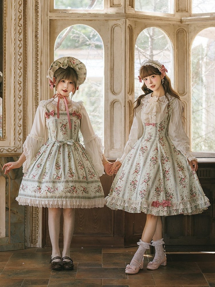 Light Green Floral Print Classic Bustier JSK Dress with Back Lace-Up - Miss Cube Dressworks