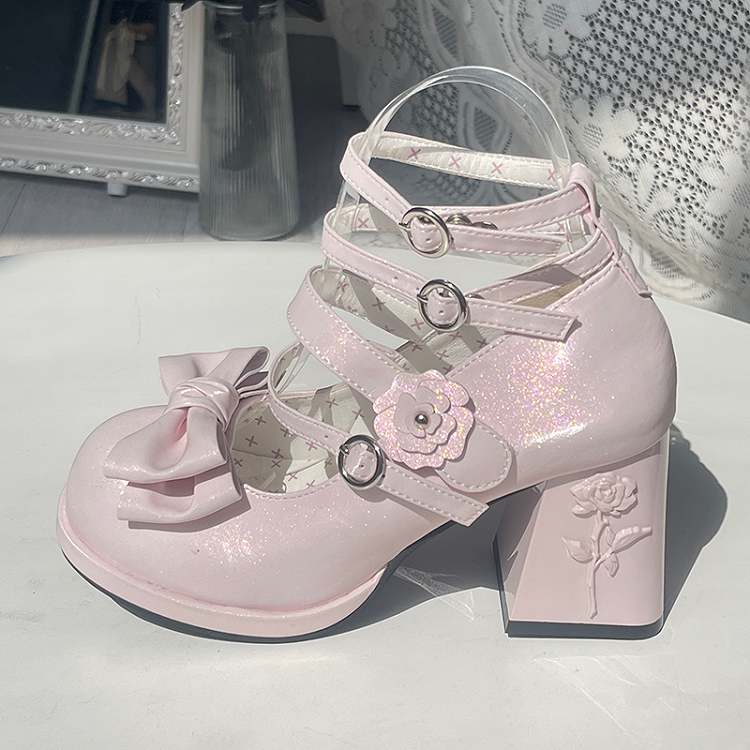 PU and Elements Pink Classic Top Shoes Bow Block with - Light Rose Lolita Heel High at Design