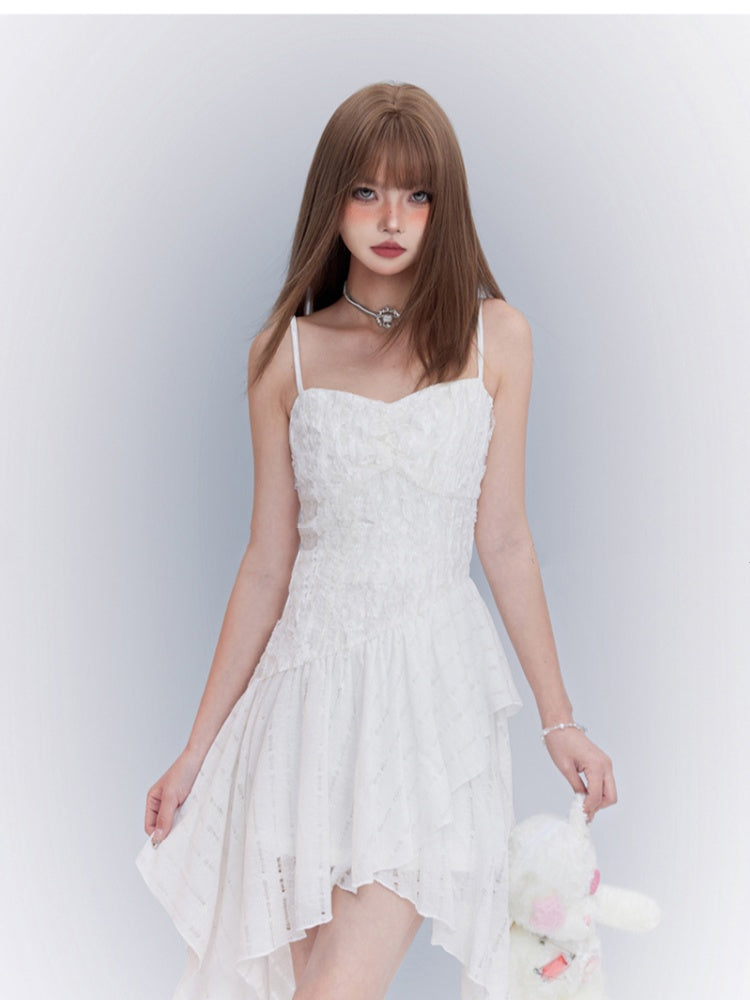 White Asymmetrical Waistline Handkerchief Hem Spaghetti Strap Dress