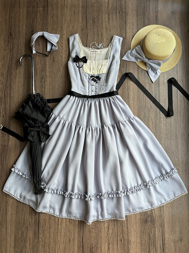 Light Gray Elegant Classic Lolita JSK Dress with Ruffled Front Placket and Lace Trim