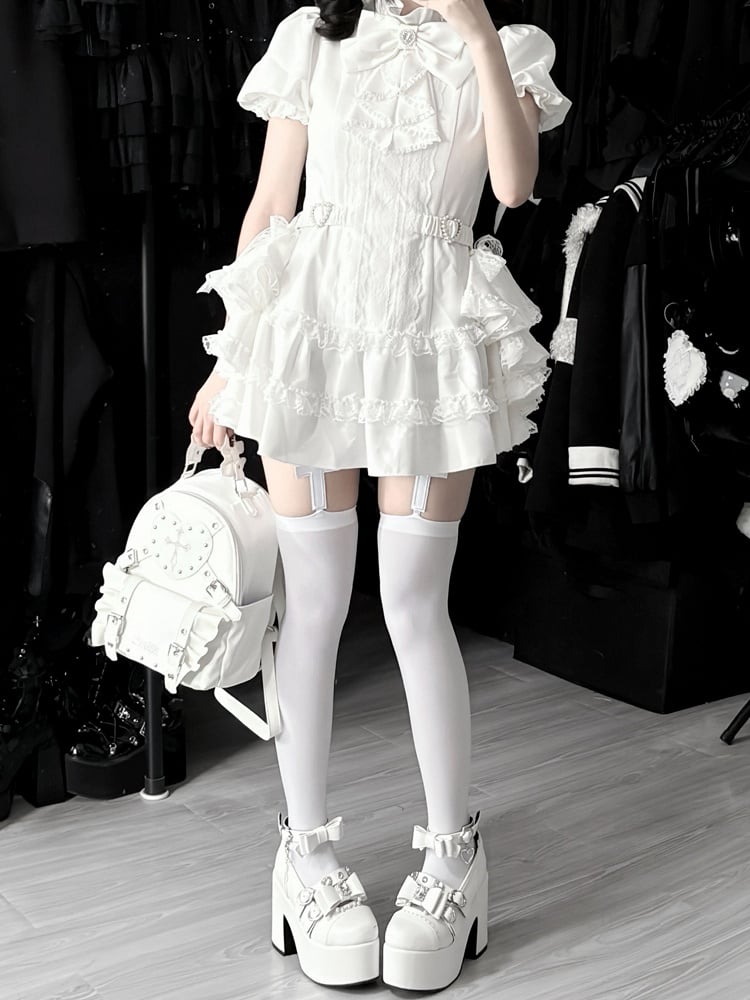 Bow and White Kei Flowing Dress Side Sleeves Tie Train,Shorts Set: with Puffy Gothic Jirai