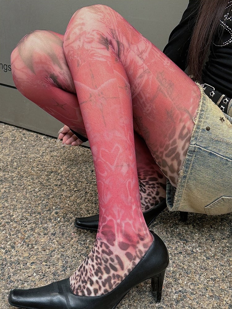 Red Star Leopard Print Lace Trim Tights