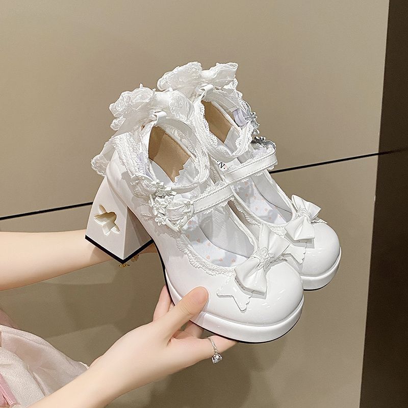 Sakura Confession Cutout Heel Lolita Mary Jane Heels – Sweet Lace Bow JK Shoes | LilyVow