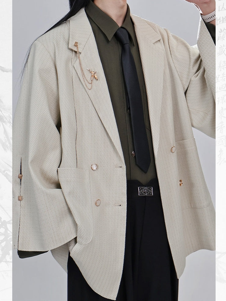 Unisex Gothic Front Cheongsam Notched Blazer Button Placket Beige Design with Collar