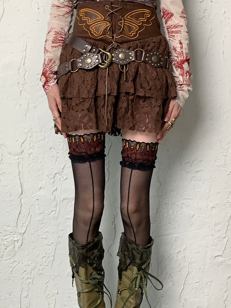 ブラックピーコックトリムストッキング Y2K フェザー柄 オーバーニー レース