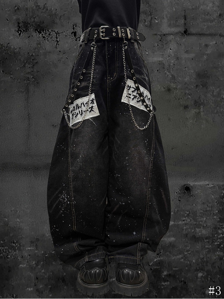 Text Accents Jeans Vintage Black Splatter Applique Wide-Leg with