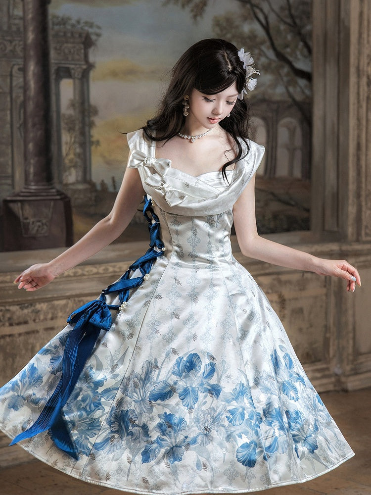 Sleeveless Satin Lolita Dress with Blue and White Floral Print and Bows - Unknown Star