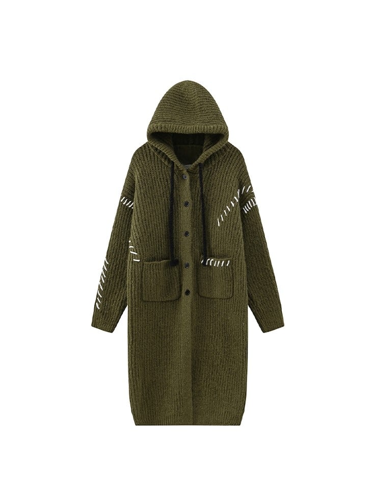 Long Black Green Cardigan Drawstrings with Hooded