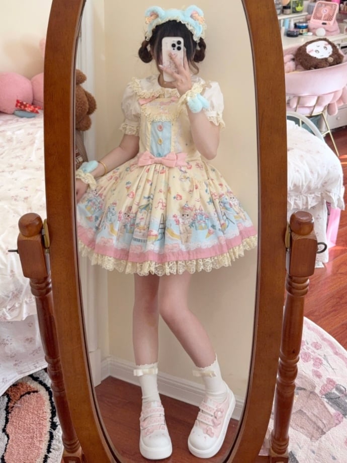Print Sneakers Rabbit Heel with Dot Platform Paw Straps Bear Kawaii Motif Pink -