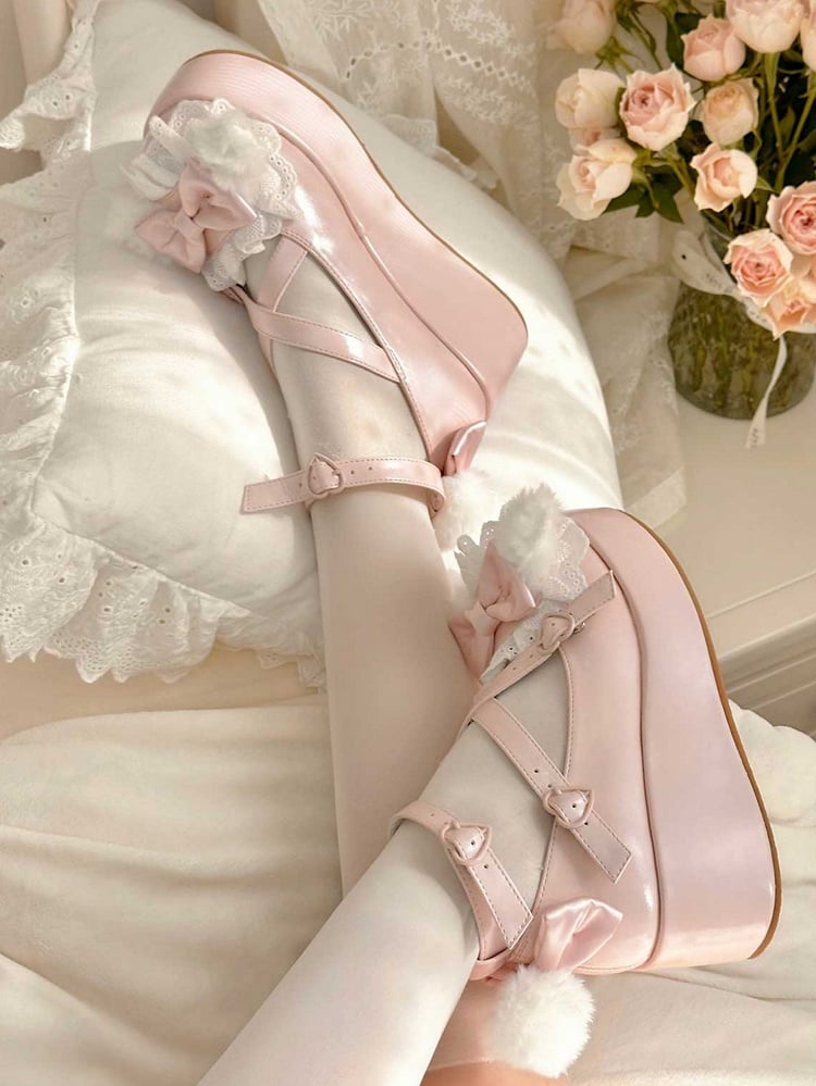 With Platforms Ear Bow Bunny Crisscross Decorated Pompon PinkWhite Design Plush Top at