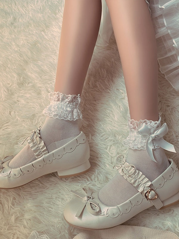 Cotton Socks Bow Breathable White Creamy Lace Trim Decorated