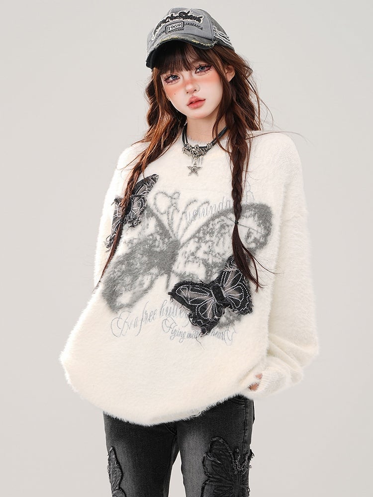White Denim Butterfly Appliques Mohair Loose Sweater