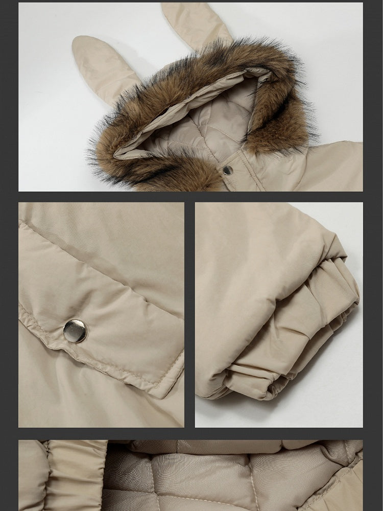 Grey/Apricot Letters Print Bunny Ears Hooded Thick Jacket Detachable Hood