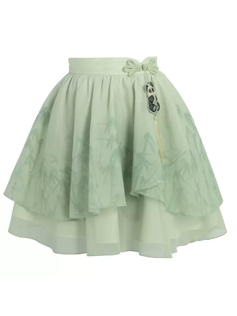 チャイナシャツスカートスリーブドレスパンダカンフーパフフーミント+シフォンセット