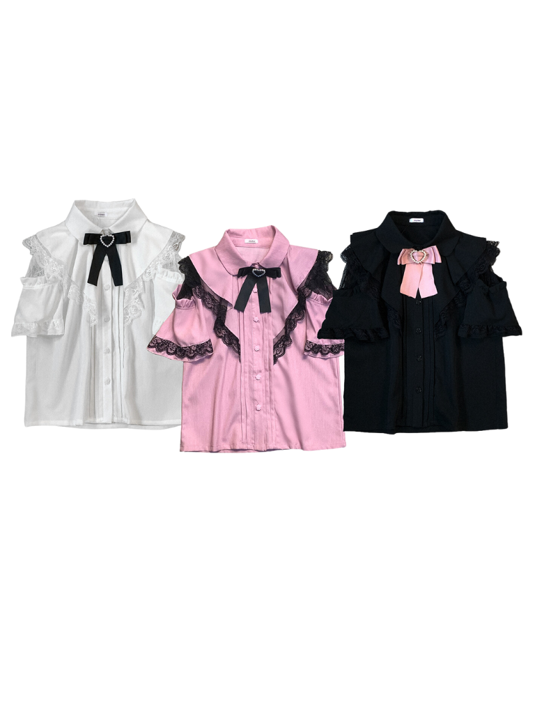 レースシアーショルダーケープマインリボンシャツ