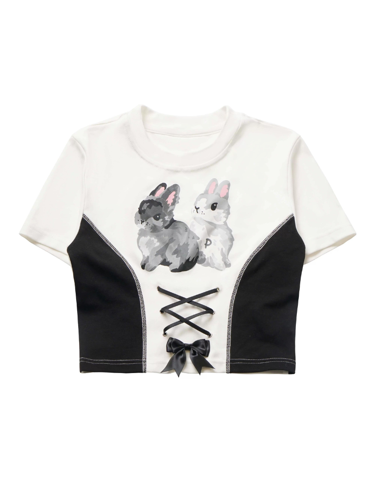 Summer Design Straps Pants Rabbit Off-Shoulder Black White Hoodie Tops Suit