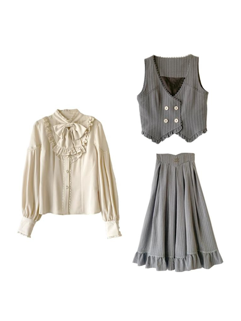 フリル+ブラウス ストライプカラー+スカート フレアレトロベスト ダーク
