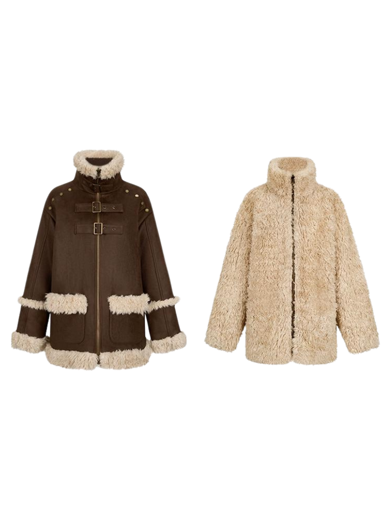 Reversible Fur Leather Coat + Ruffle Off-Shoulder Dress