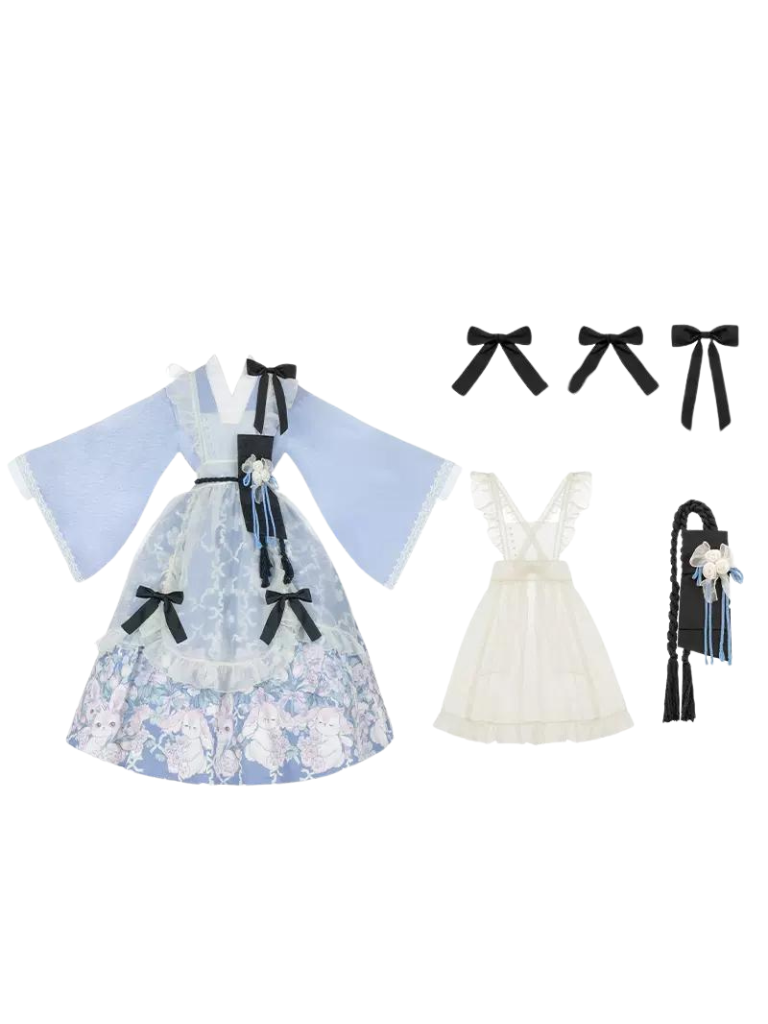 Süßes, bedrucktes Dienstmädchen-Alice-Kostümkleid im japanischen Stil