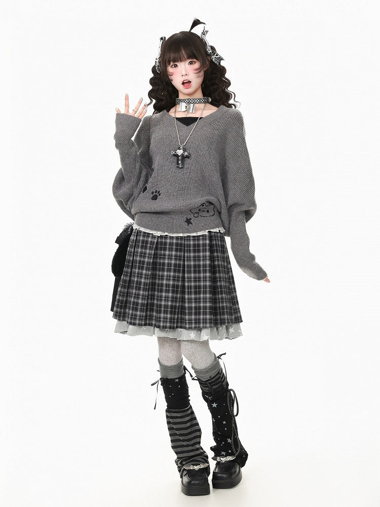 Dark Gray Two-Piece Look Batwing Sleeve Sweater with Kitten Themed Embroidery - Languid Park