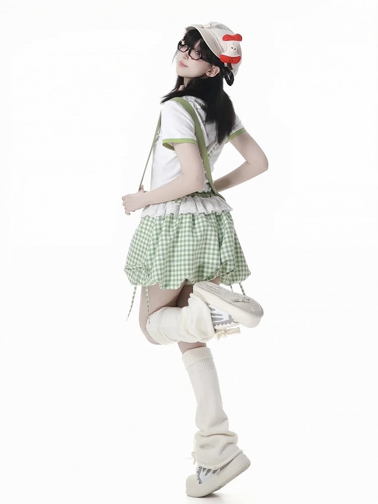 Bubble Shorts Green Plaid Overalls Detachable Straps Shoulder