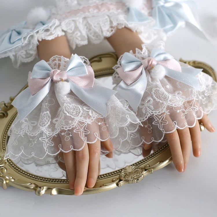 Blue Cuffs Fluffy Pink with Light Lace Bow-Accented Wrist Details
