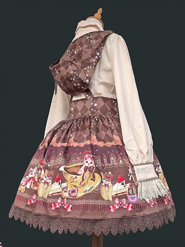 Lolita Cat Hood with Dress Ear Print Sweet Dessert Coffee Pattern Diamond and Overall