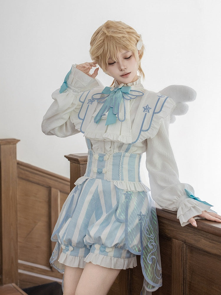 White & Blue Long Sleeves Banded Collar Ouji Style Lolita Shirt with Bow Details - Unknown Star