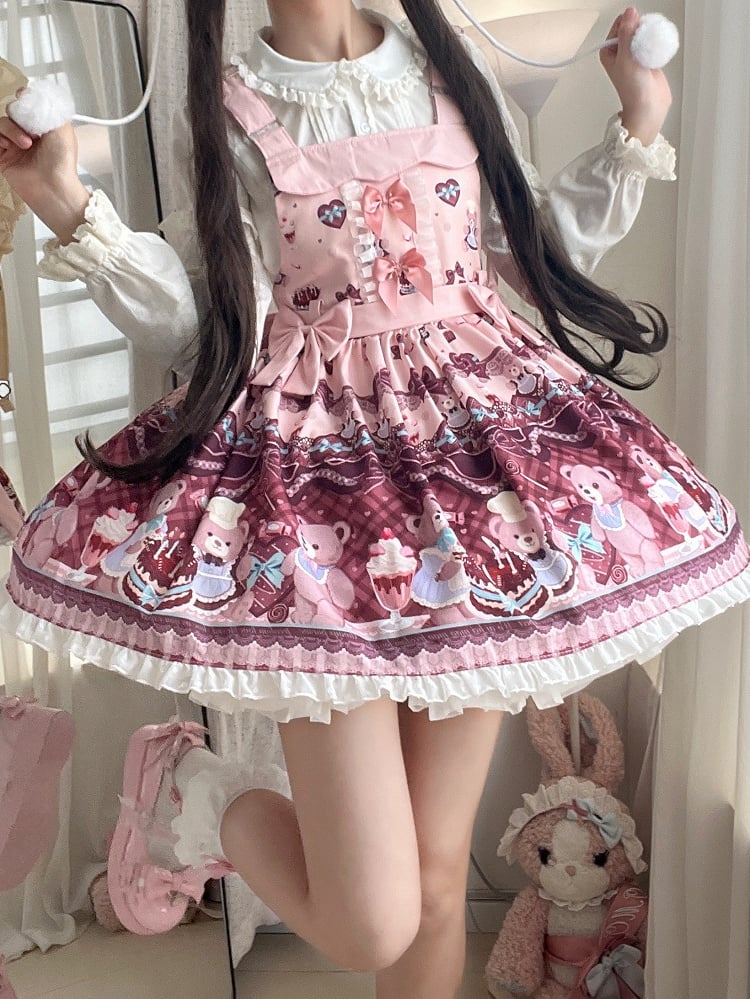 and Sweet Bear Lolita Print + Dress Big Bow Cake Overall Pink Train