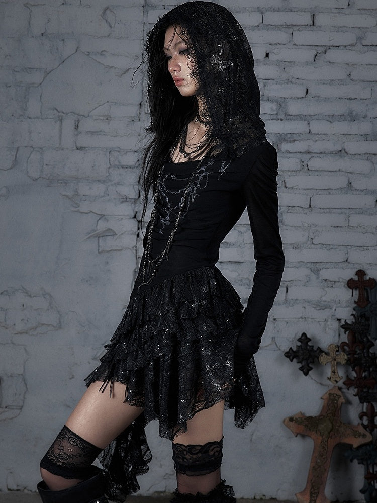 Chain Dress Cross Punk Black/Beige Beaded Wasteland Trim Print Lace